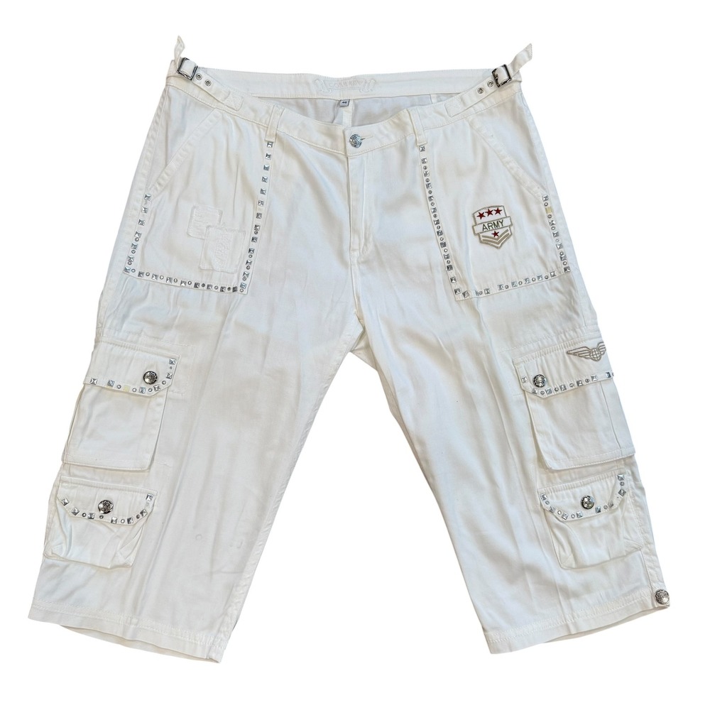 Golbary White Studded‎ Cargo Capri Pants Army Patch Size 46